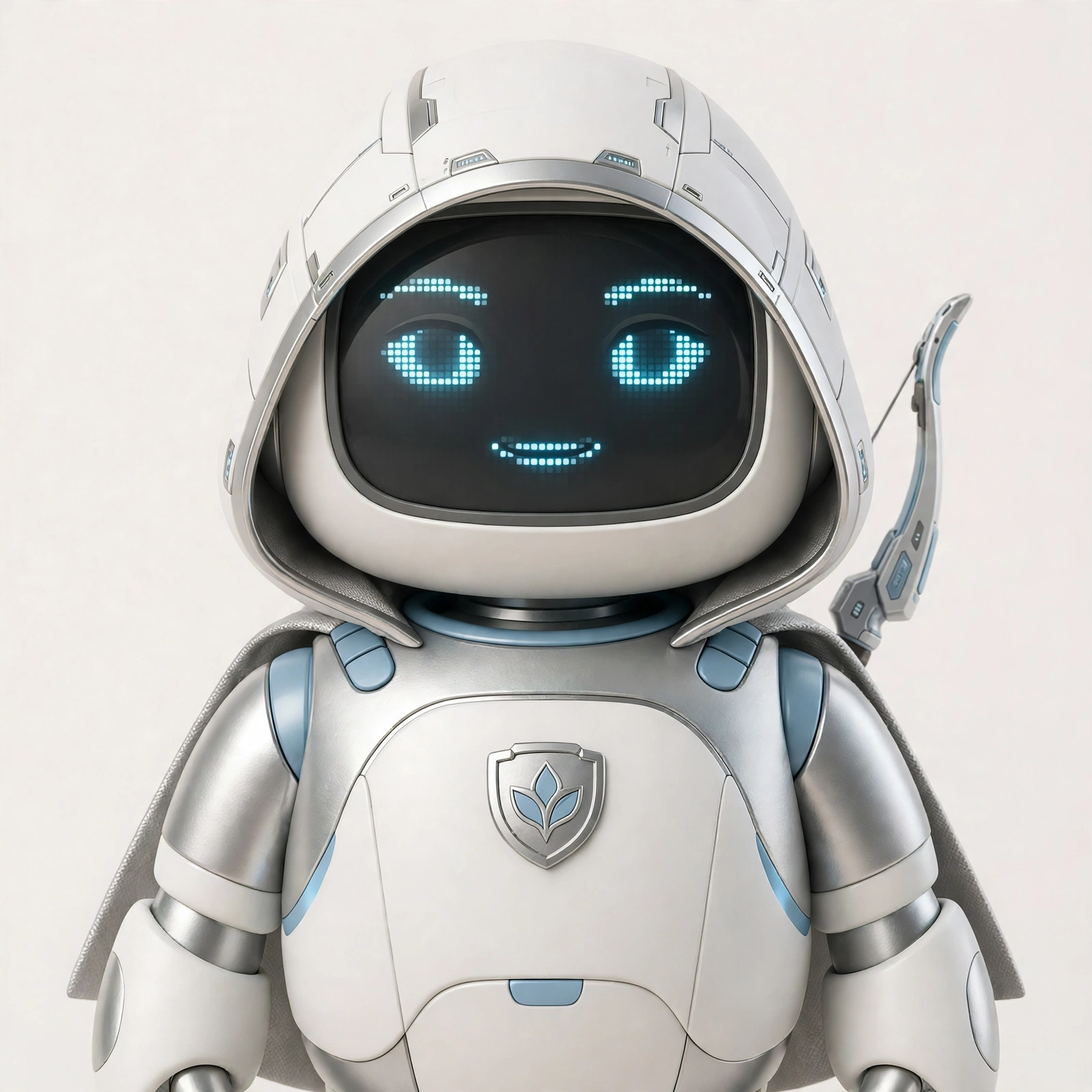Hood, el robot mentor de RobotHood: robot blanco y plateado con capucha tecnológica y ojos LED celestes